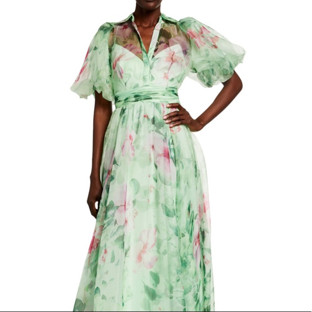 Badgley Mischka Organza Puff-Sleeve Gown - Picture 2 of 7